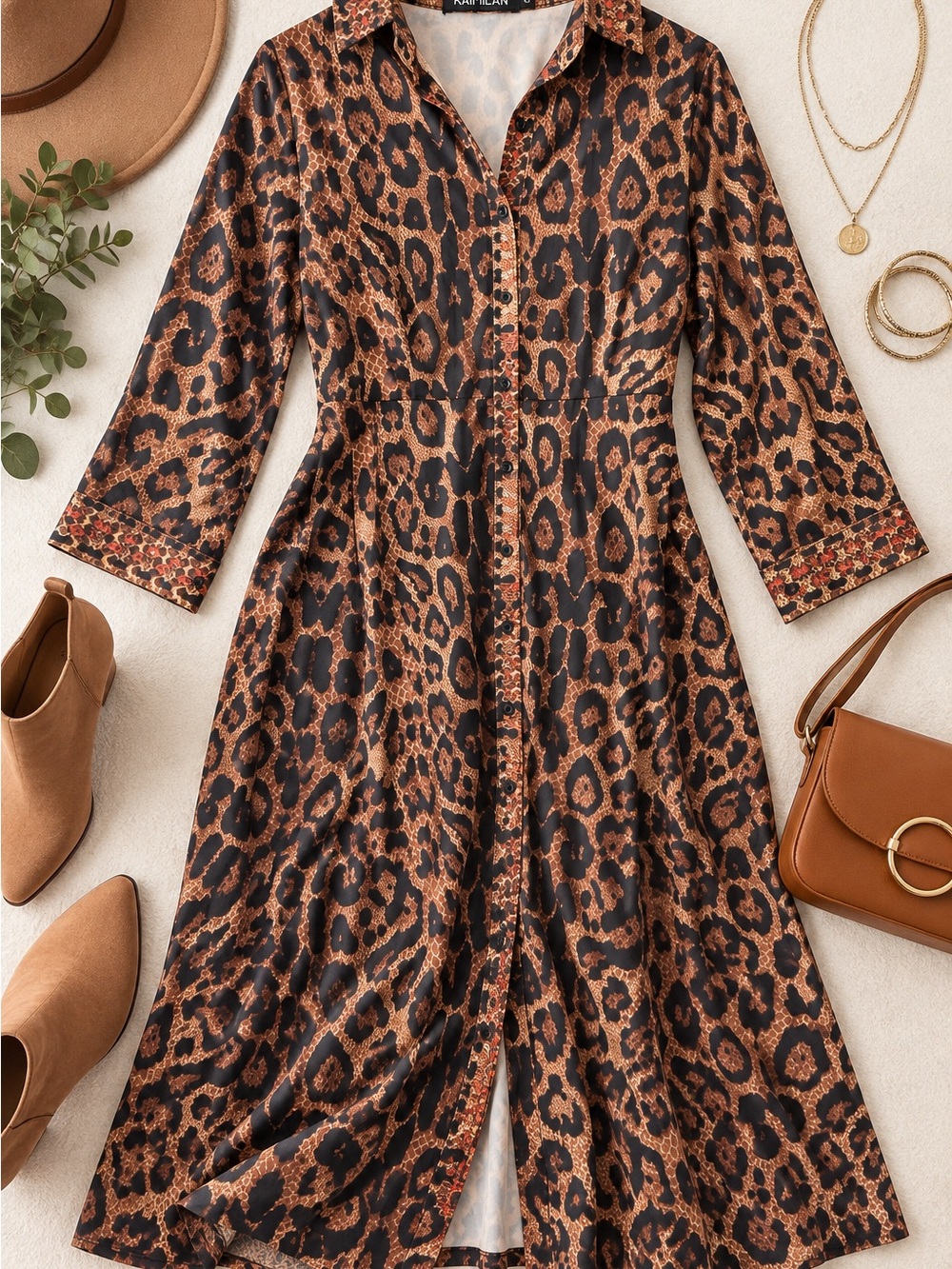 KAIMILAN Leopard Print Button Front Midi Shirt Dress Size 6